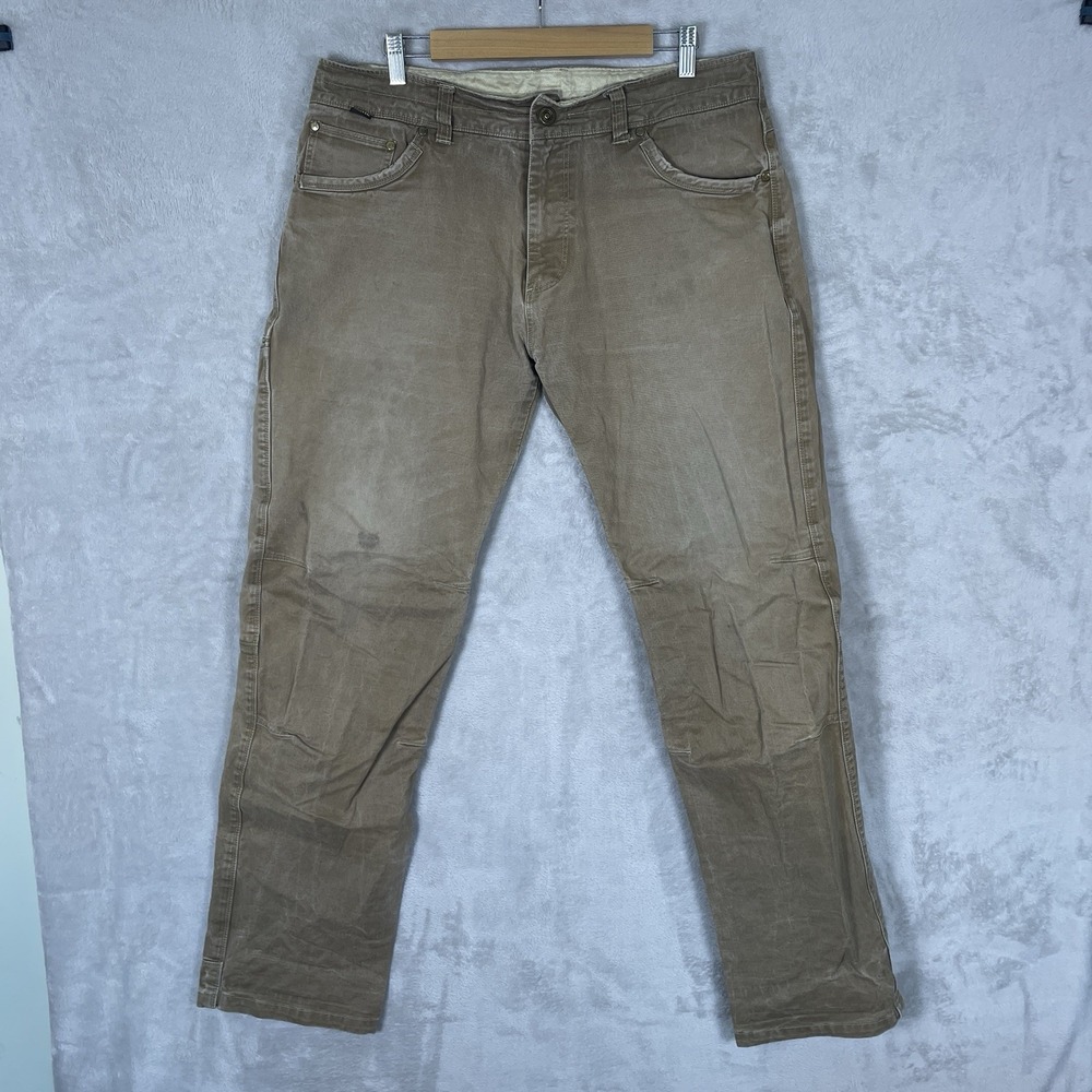 KUHL RYDR Pants Mens 36x34 Brown Vintage Patina Dye Articulated Knee Work Hiking